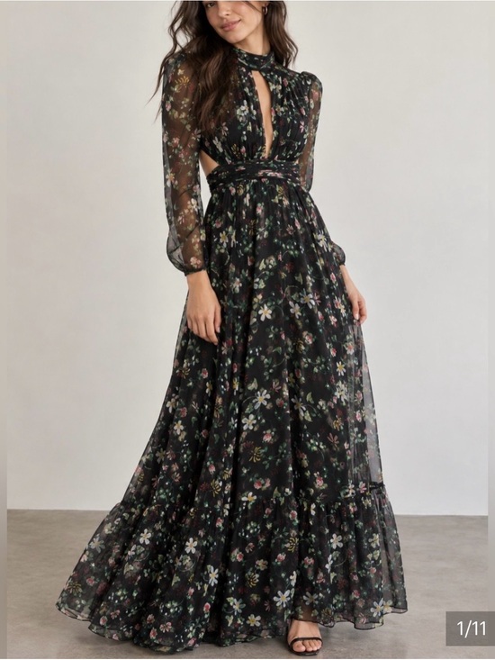 Mac Duggal Dresses & Skirts - Mac Duggal Black Floral Sheer Long-Sleeve Keyhole Maxi Dress Size 2 Style 67942